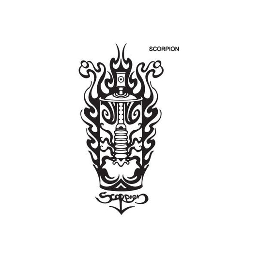 Scorpion spray paint can decal featuring a black flaming scorpion emblem