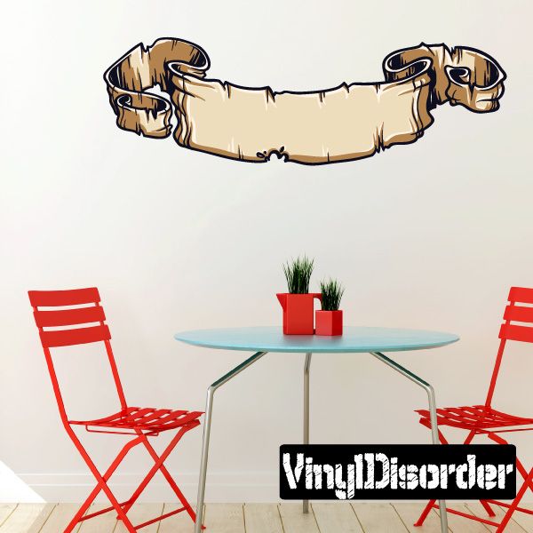 Tattered parchment scroll wall decal, worn edges and brown curled ends