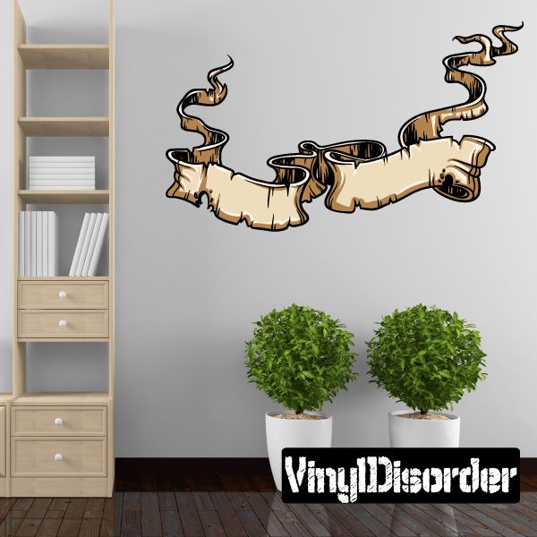 Wind tattered scroll decal with cream parchment ribbon and black flame-like swirls