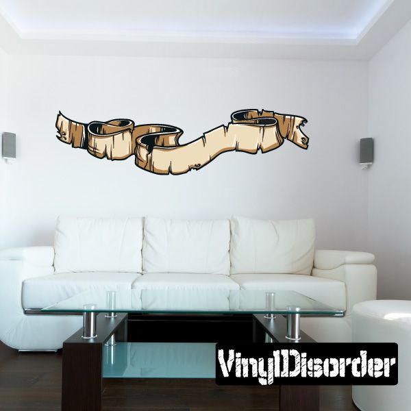 Tattered scroll wall decal, beige parchment strips with dark outlines and curled ends