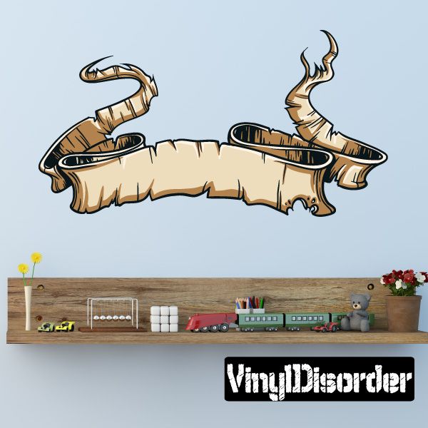 Tattered scroll wall decal with brown ribbon and black end caps