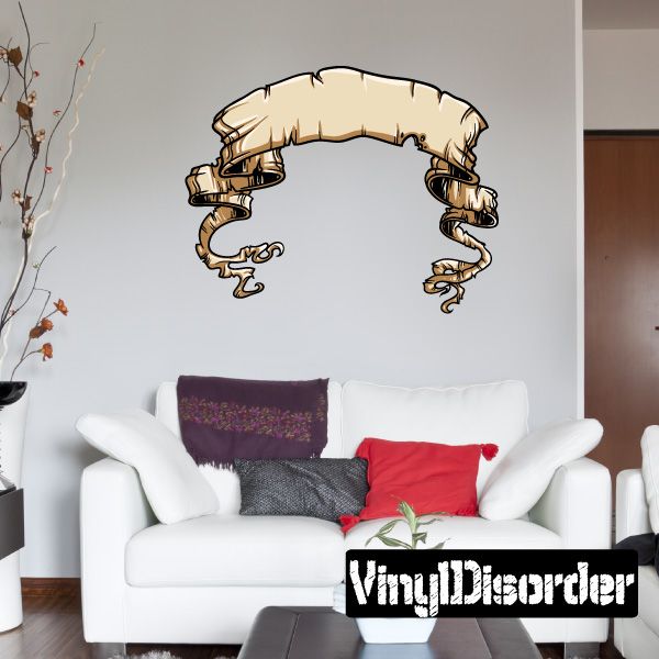 Curved tattered scroll wall decal with ornate raised ends