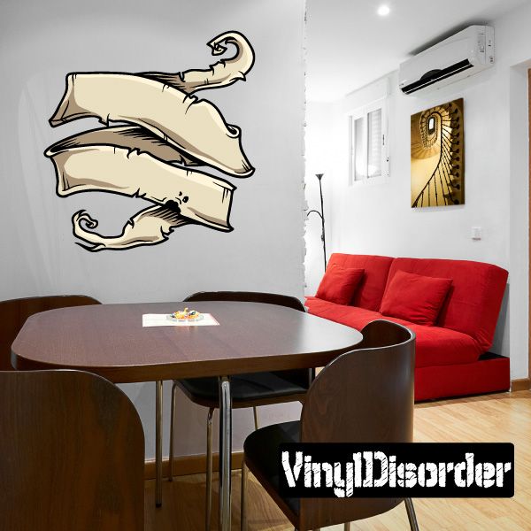 Cream tattered scroll wall decal with ribbon-like ends and curled design