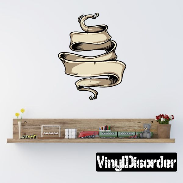 Swirling tattered scroll decal, beige ribbon with black outline, whimsical curl