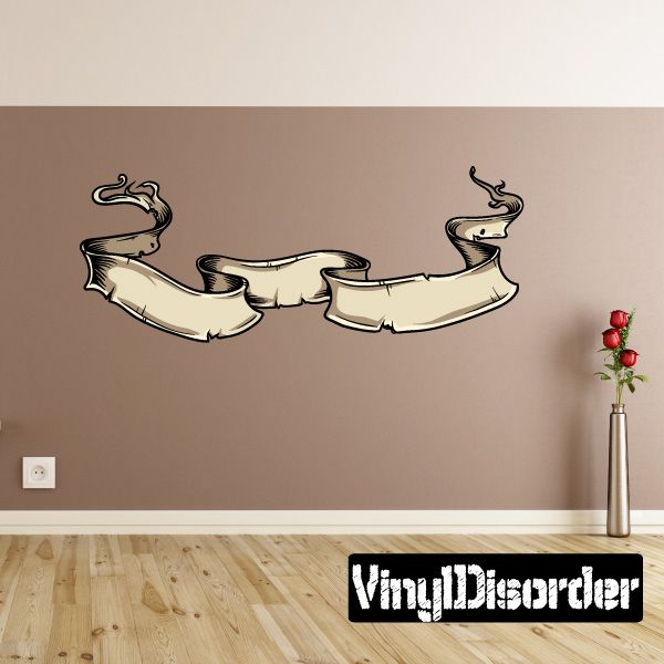 Wide tattered scroll decal with ribbon curls, black outline on light cream