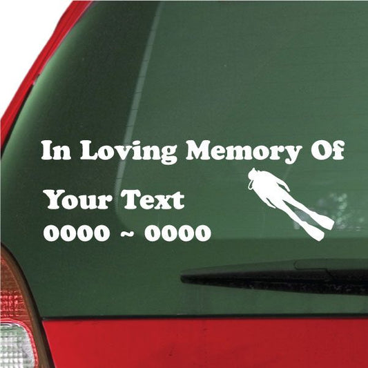 Scuba diver memorial decal: In Loving Memory Of Your Text + diver icon