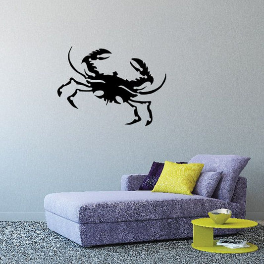 Black sea crab wall decal, clawed legs and curled tail silhouette.