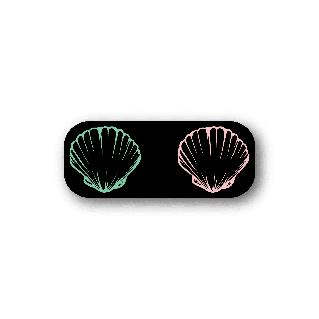 Sea shell bra vinyl sticker: black oval with teal and pink shell graphics.