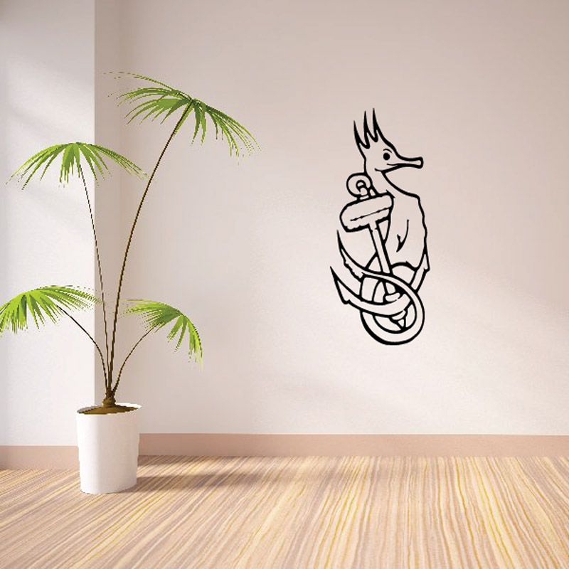 Seahorse and anchor wall decal, black line art