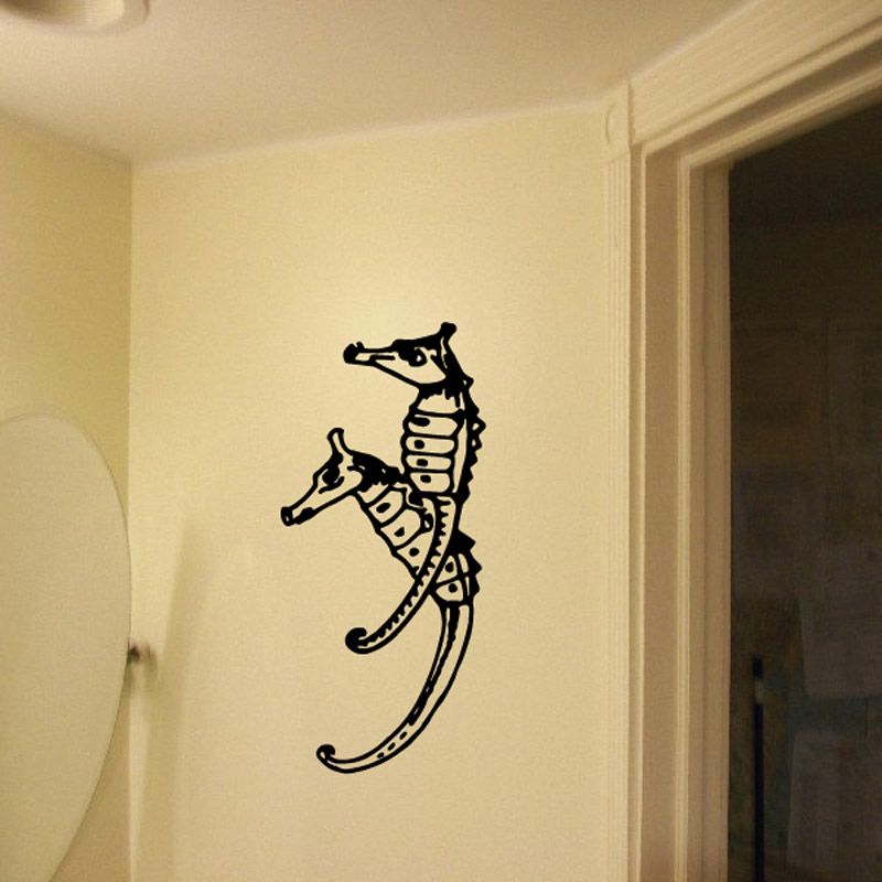 Seahorse couple wall decal with two black seahorse silhouettes in line art