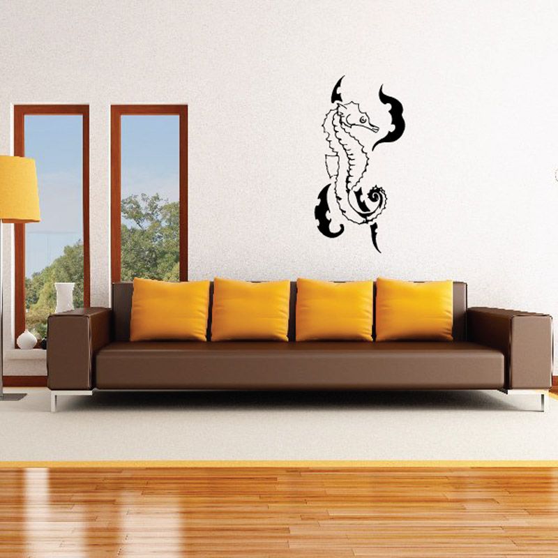 Seahorse with seaweed wall decal, monochrome black and white