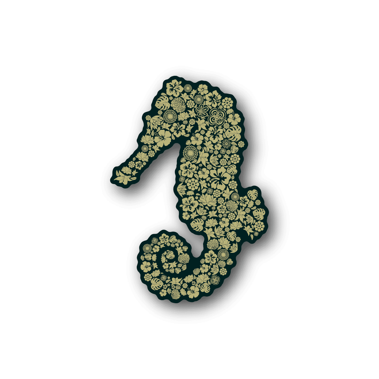 Vinyl sticker seahorse silhouette in floral collage, dark teal and pale yellow