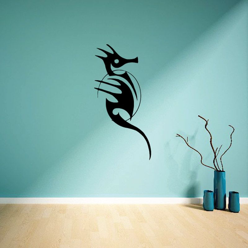 Seahorse and crescent moon wall decal, dark silhouette with flowing tail