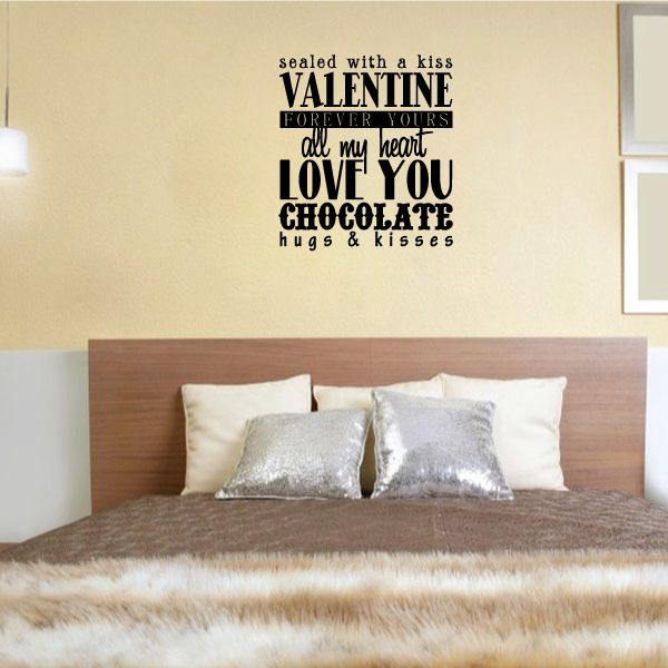 Valentine wall decal vinyl with black love quote and hearts: forever, chocolate, hugs & kisses