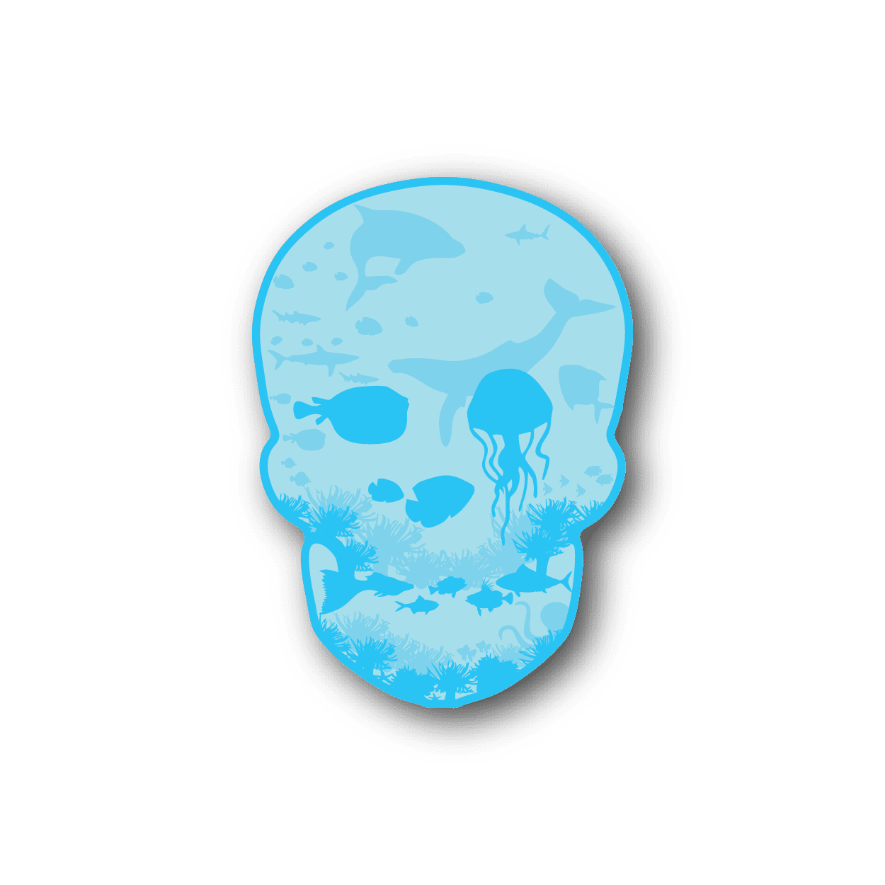 Sea-life skull vinyl sticker, blue underwater illustration in skull shape