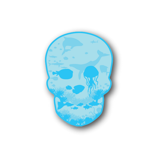 Sea-life skull vinyl sticker, blue underwater illustration in skull shape