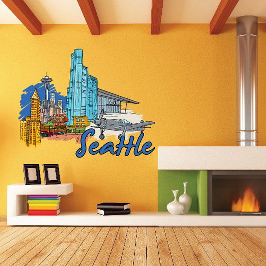 Seattle skyline sticker with stylized 'Seattle' script and city buildings