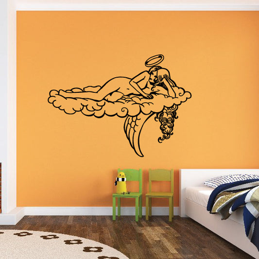 Angel wall decal: reclining winged cherub on clouds, black line art silhouette.