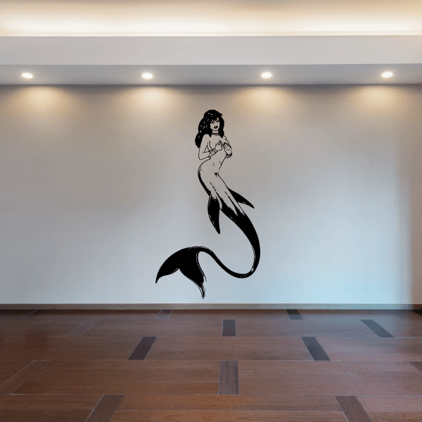 Black mermaid silhouette wall decal, curled mermaid tail with arms extended upward.