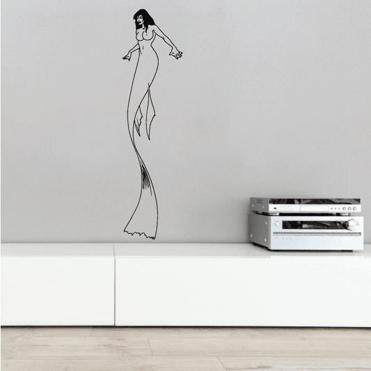 Mermaid wall decal of a woman in a long flowing tail, full-body standing pose