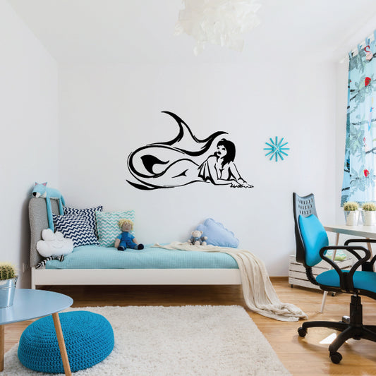 Mermaid wall decal: black mermaid lying with a flowing curled tail.