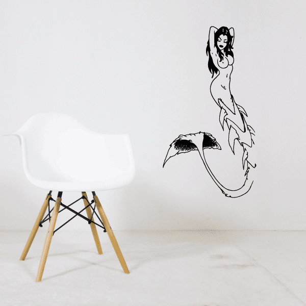Mermaid wall decal in black with sitting pose and long flowing tail