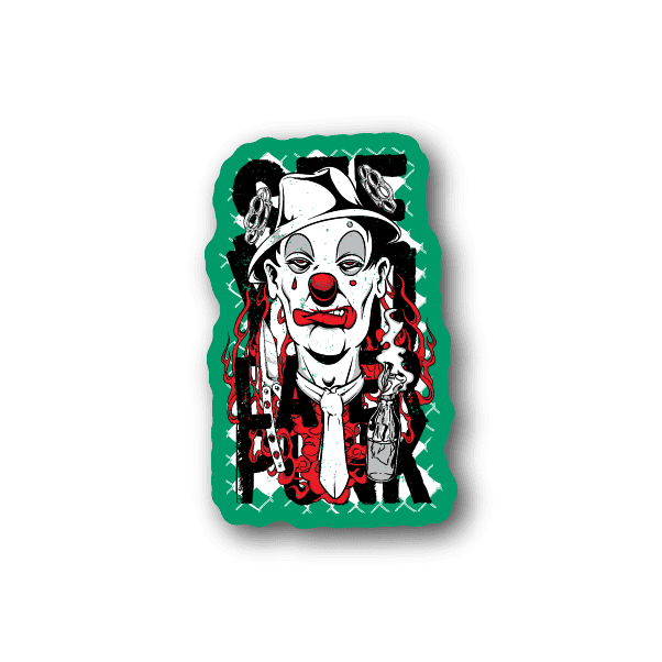 Vinyl sticker with smiling clown face in white and red, green backdrop