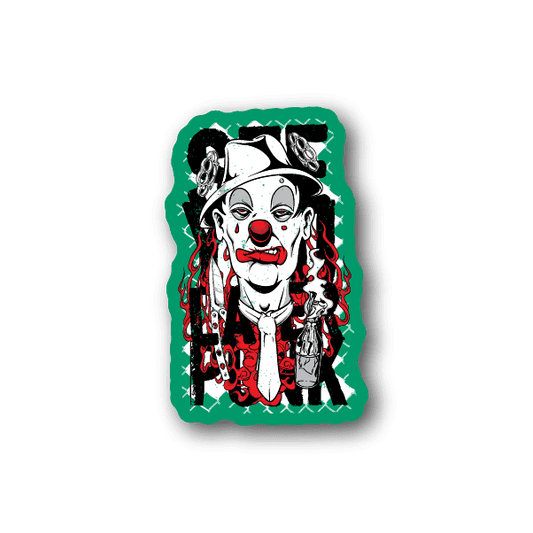 Vinyl sticker with smiling clown face in white and red, green backdrop
