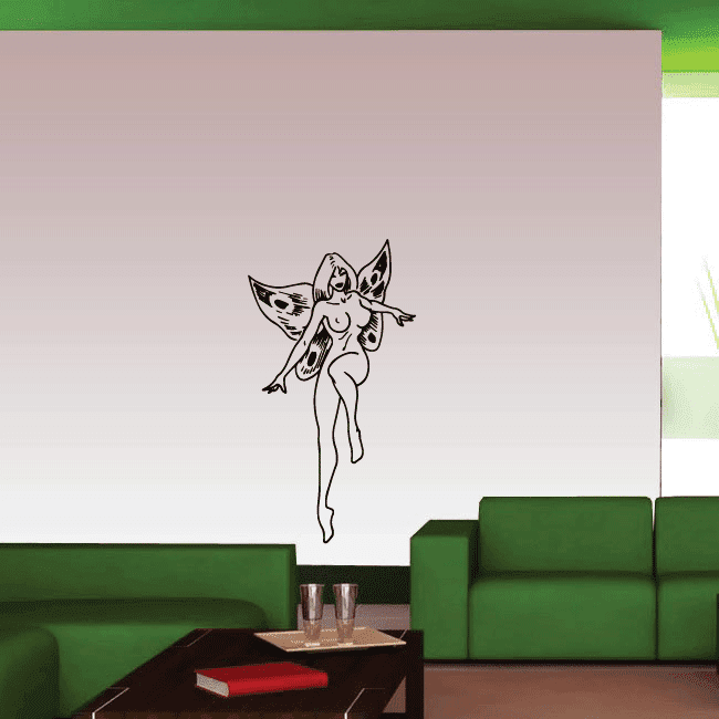 Fairy wall decal, black outline fairy with wings and curved arms pose