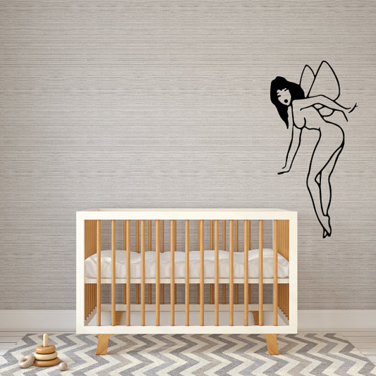 Fairy wall decal with black outline, flying and stretching legs, on corner wall