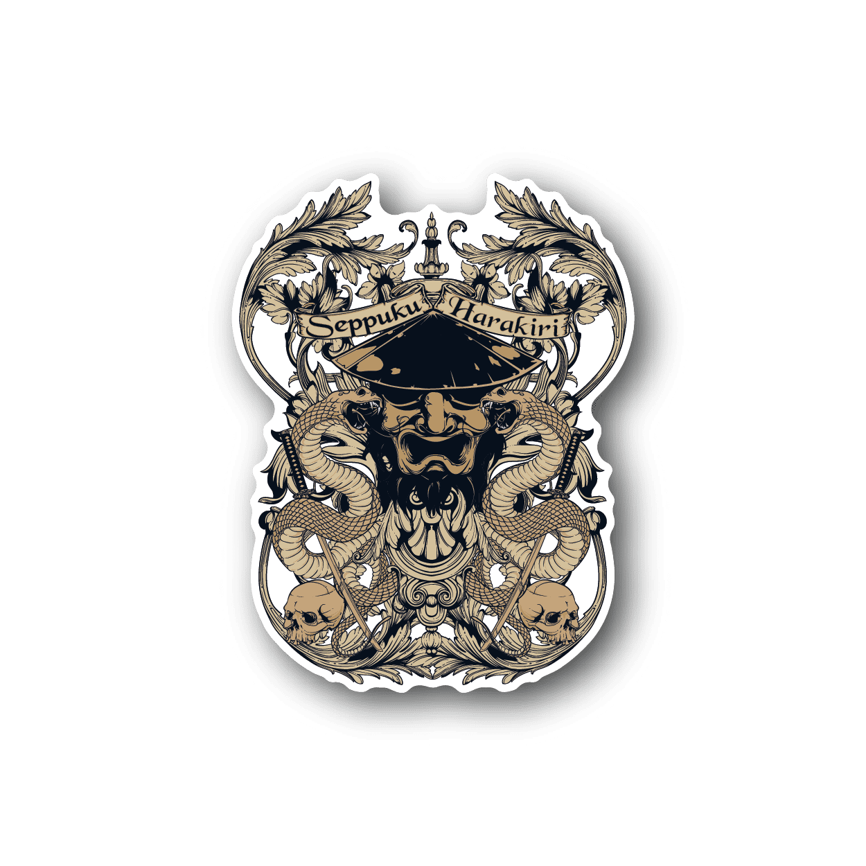 Ornate circular vinyl sticker with laurel wreath and illustrated face with dark blue accents