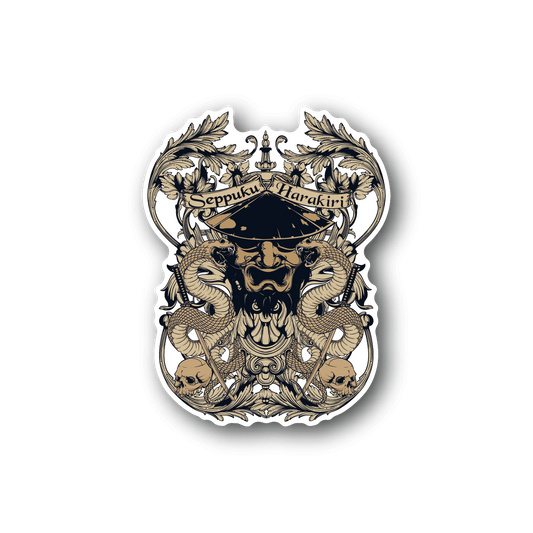 Ornate circular vinyl sticker with laurel wreath and illustrated face with dark blue accents
