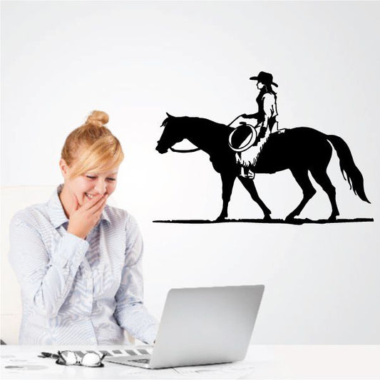 Cowboy riding horse wall decal, black silhouette