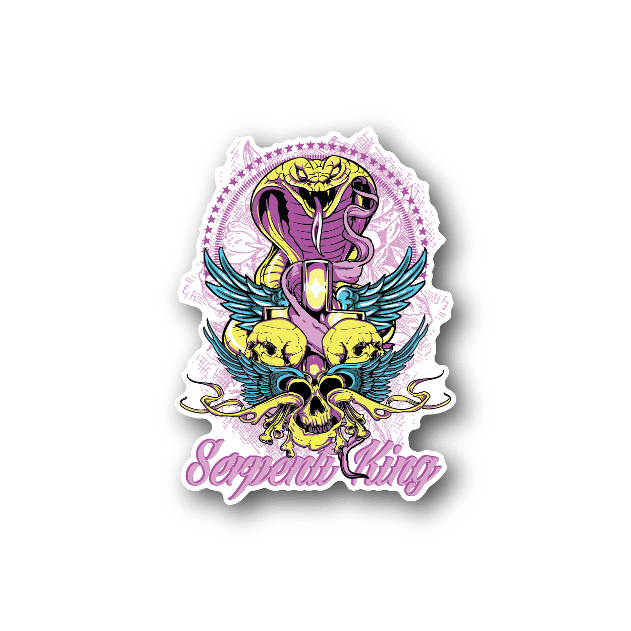 Serpent king skull vinyl sticker with purple wings and yellow serpent illustration