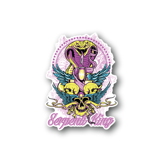 Serpent king skull vinyl sticker with purple wings and yellow serpent illustration