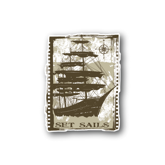 Pirate ship vinyl sticker with sailboat graphic, distressed border, white lettering