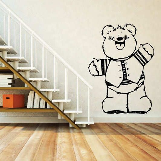 Vinyl decal sticker of a bear in overalls holding a striped object