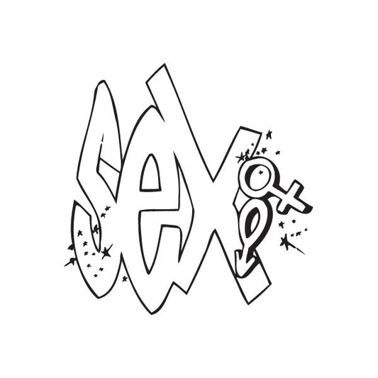 Graffiti-style wall decal with bold white 'sex' lettering and key/star accents