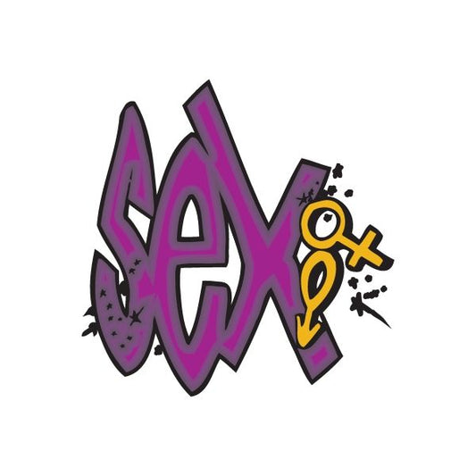 Graffiti-style sticker with pink-purple letters and yellow graphic accents