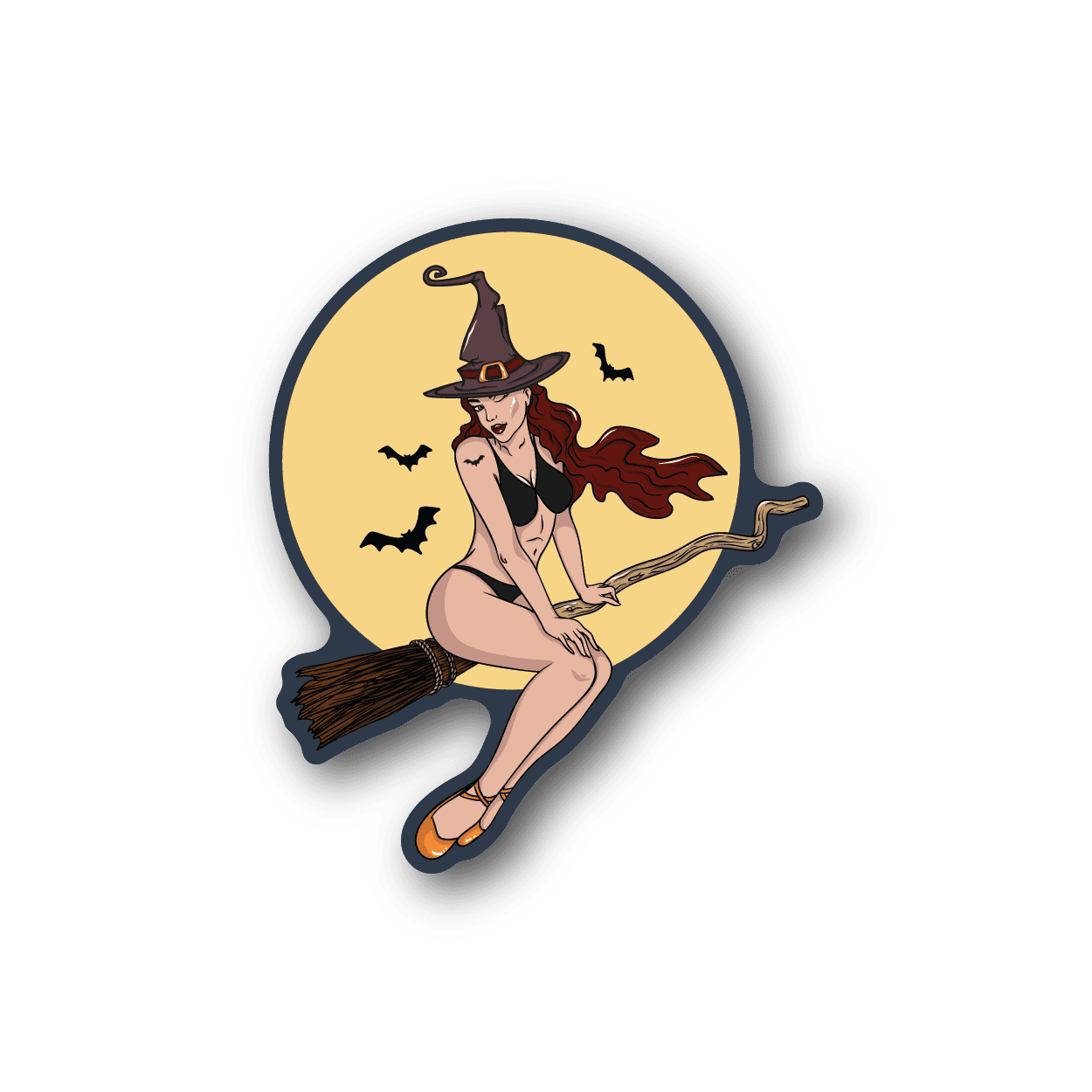 Vinyl witch sticker with black hat, red hair, broom, and bats around
