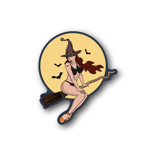 Vinyl witch sticker with black hat, red hair, broom, and bats around