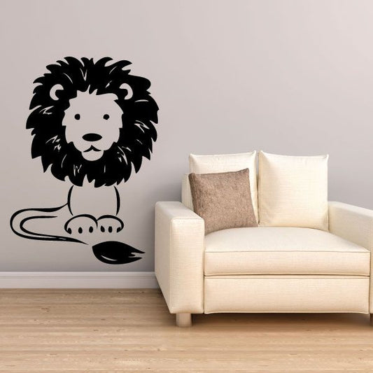 Lion face and mane wall decal with curled tail and paws, black design