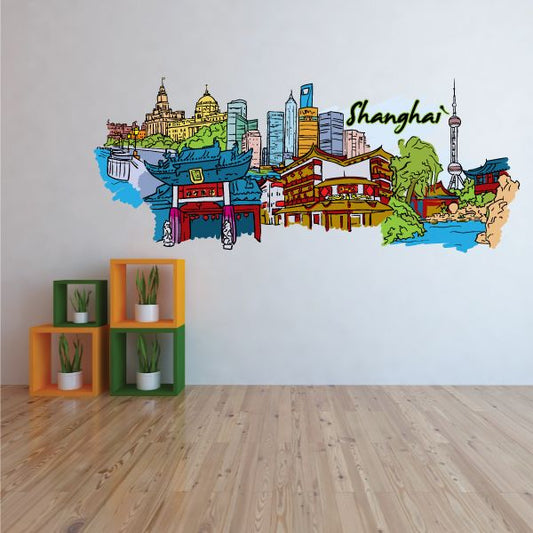 Shanghai skyline wall sticker with colorful buildings and Chinese text