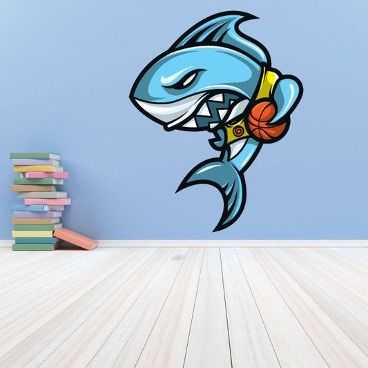 Blue shark basketball mascot wall decal with orange basketball and black outlines