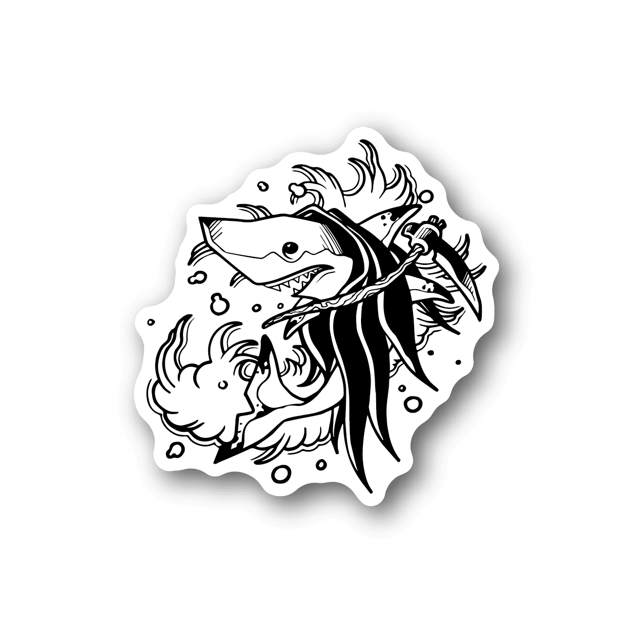 Vinyl sticker with black-and-white grim reaper shark illustration