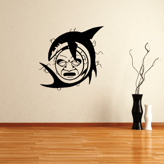 Shark moon wall decal with stylized face in black and white