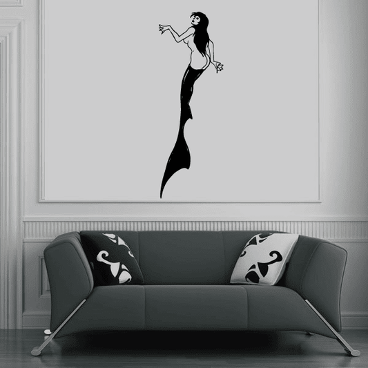 Shark-tailed mermaid wall decal, black swimming silhouette