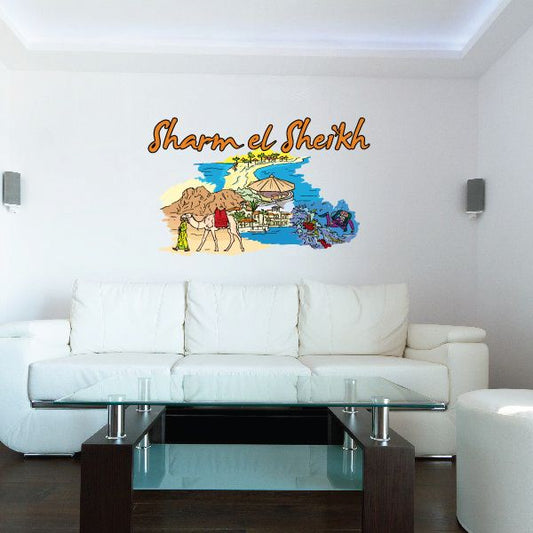 Sharm el Shikh wall sticker with illustrated map and people, and gold script lettering.