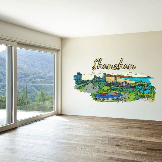 Shenzhen skyline wall sticker with cityscape illustration and cursive “Shenzhen” text