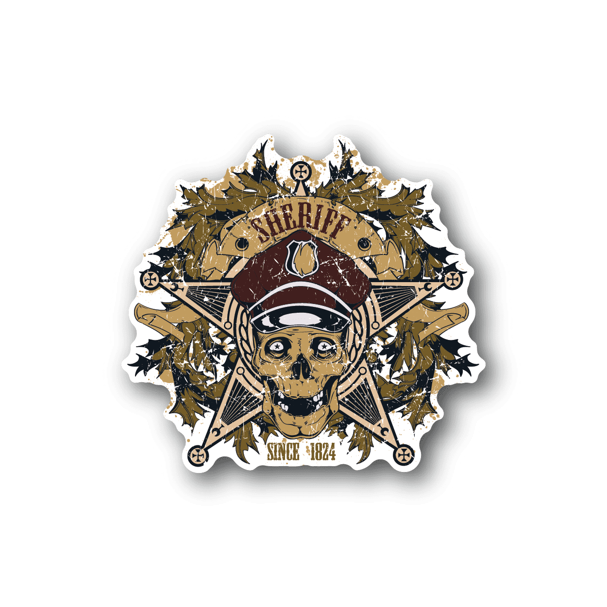 Sheriff skull vinyl sticker with cowboy hat, gold and white graphics